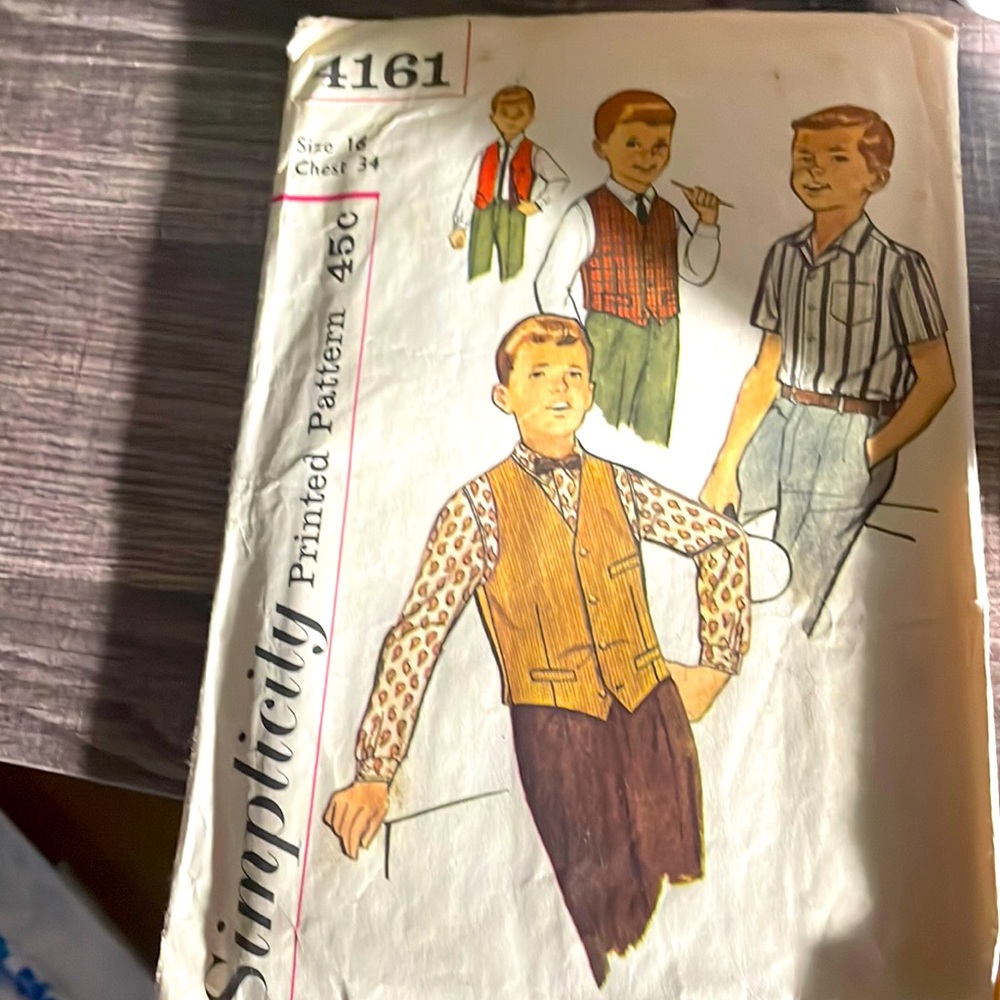 Simplicity Size 12 Chest 34 boys shirt and vest pattern. 1950’s